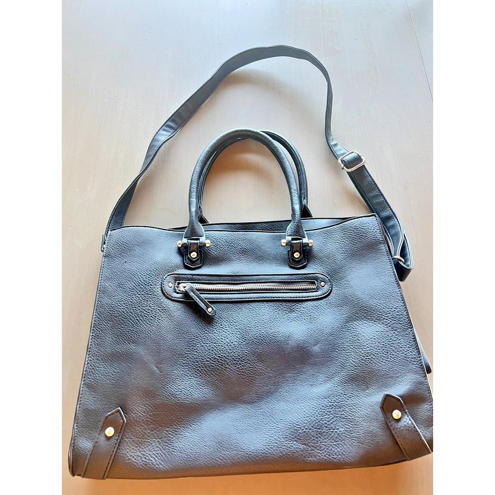 Fun Fit‎ Fab Black Pebbled Tote Shoulder Bag 15.5" Removable Strap Handbag